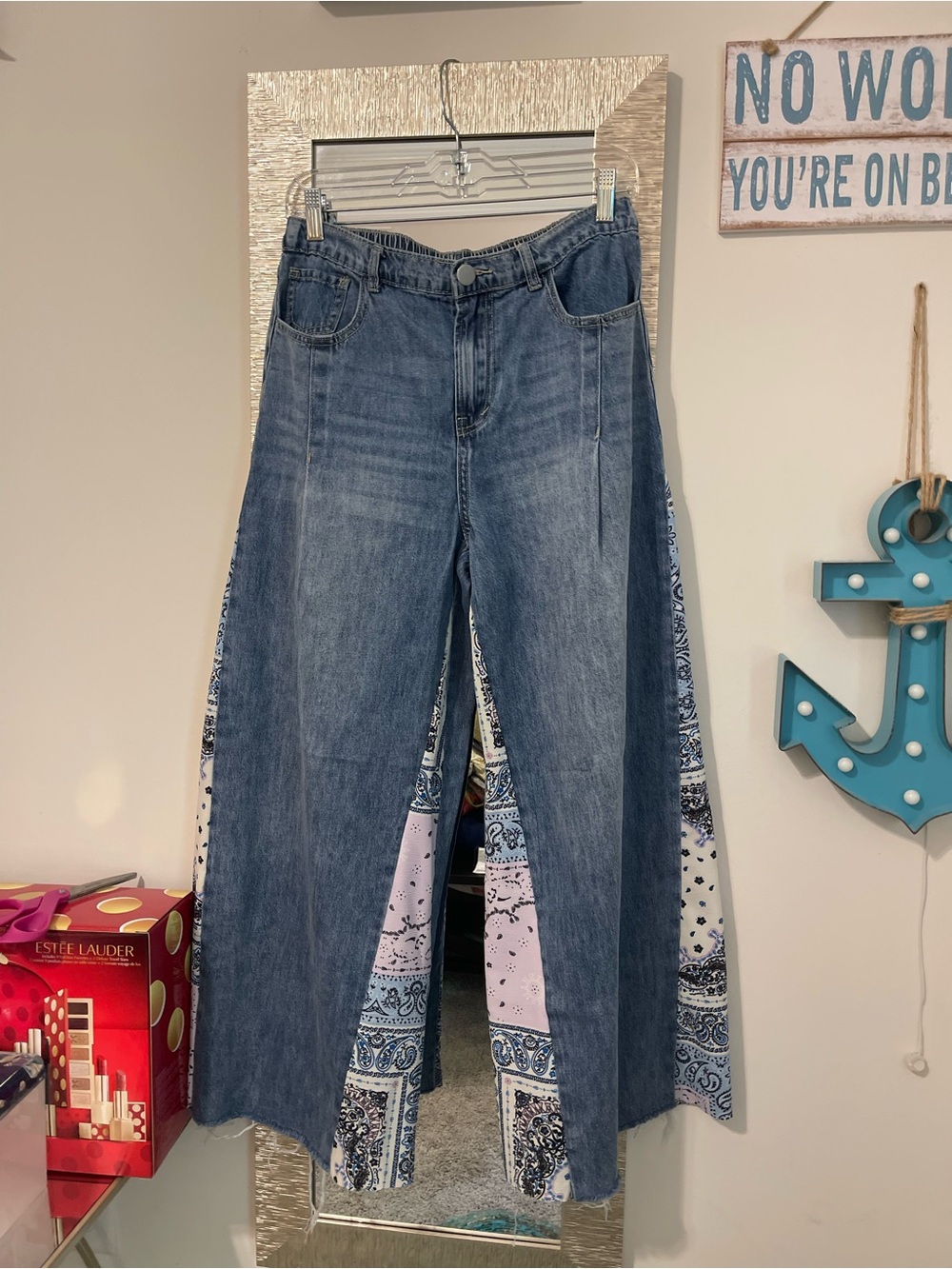 Wide-Leg Blue Denim Jeans with Bandana Inset Panels